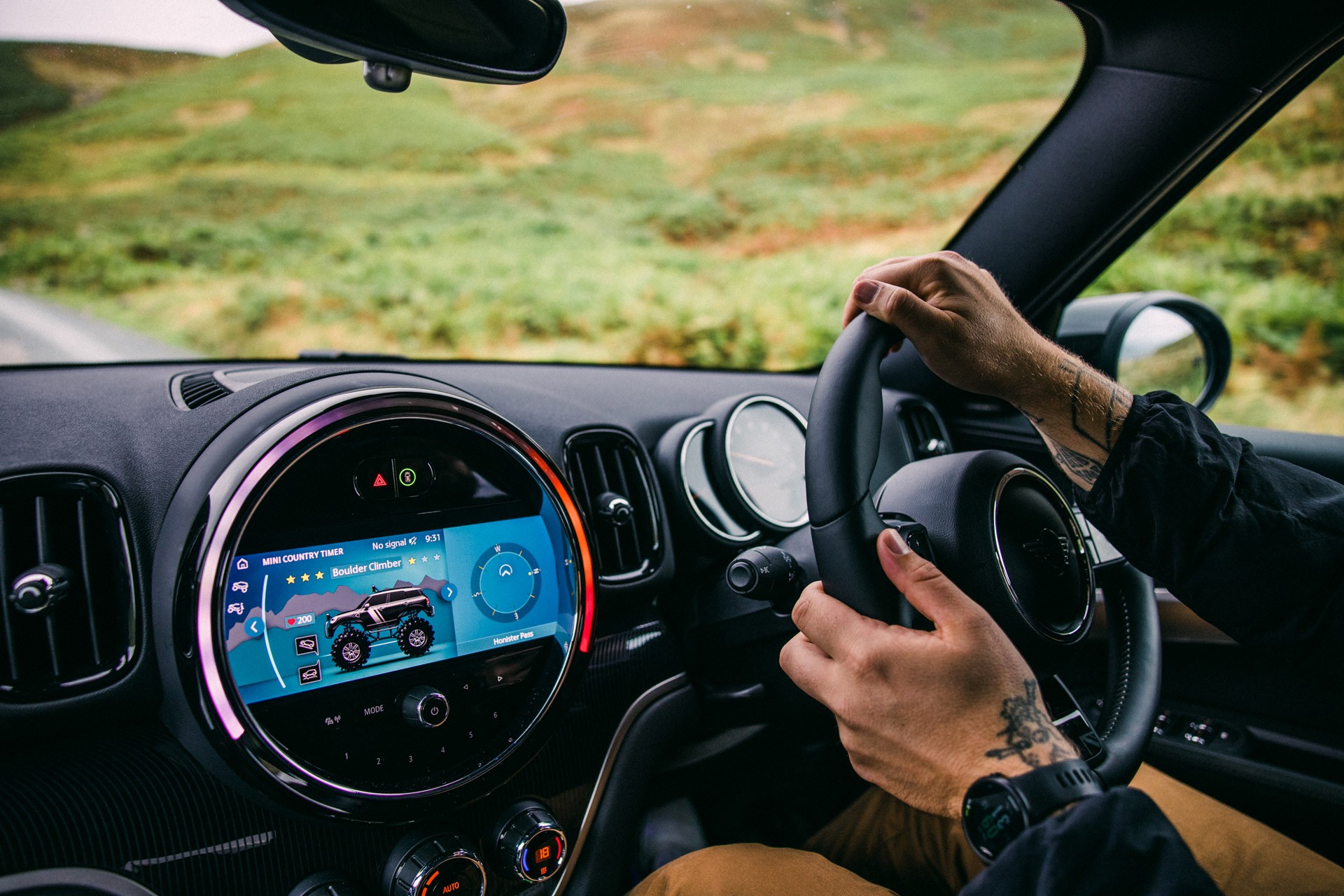 A collage of Jeffrey Bowman in his MINI Cooper S ALL4 Countryman Plug-In Hybrid traveling through England’s Lake District National Park.